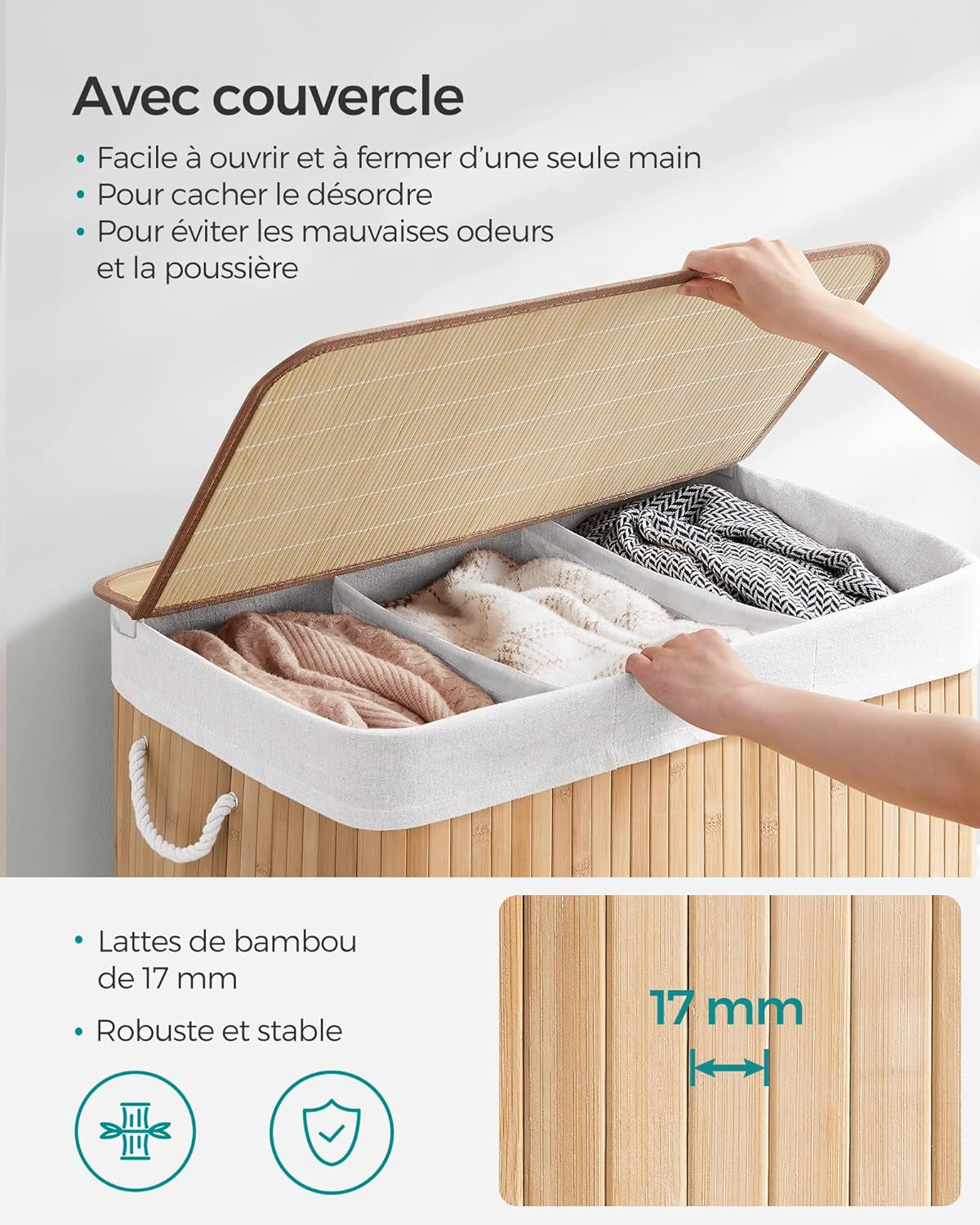 Panier À Linge Sale 3 Compartiments, Corbeille 150L, Bac De Tri, Avec Poignées, Couvercle Avec Scratchs, Pliable, Linge, Ménage, Buanderie, Couleur Boisée LCB091N01