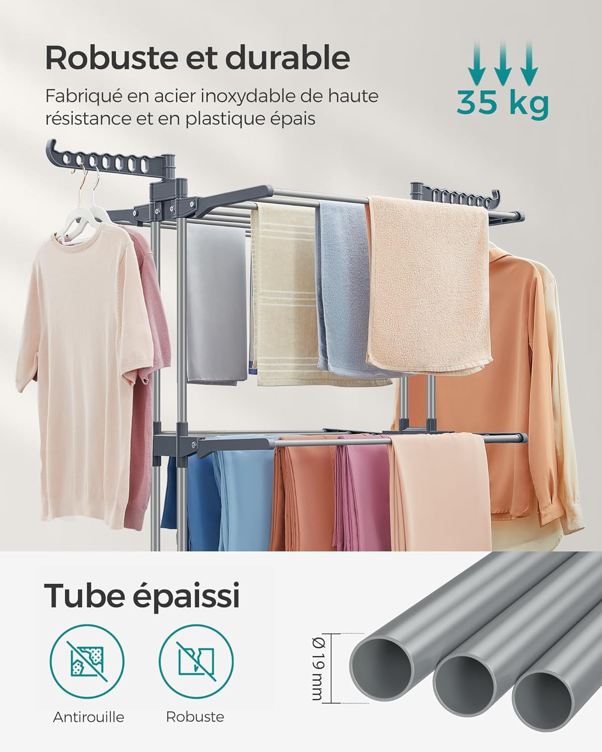 Séchoir À Linge, Etendoir Linge Intérieur Pliable, Avec Roulettes, 4 Niveaux, 64 X 126 X 172 Cm, Buanderie, Utilisation Intérieure Et Extérieure, Gris LLR701G01