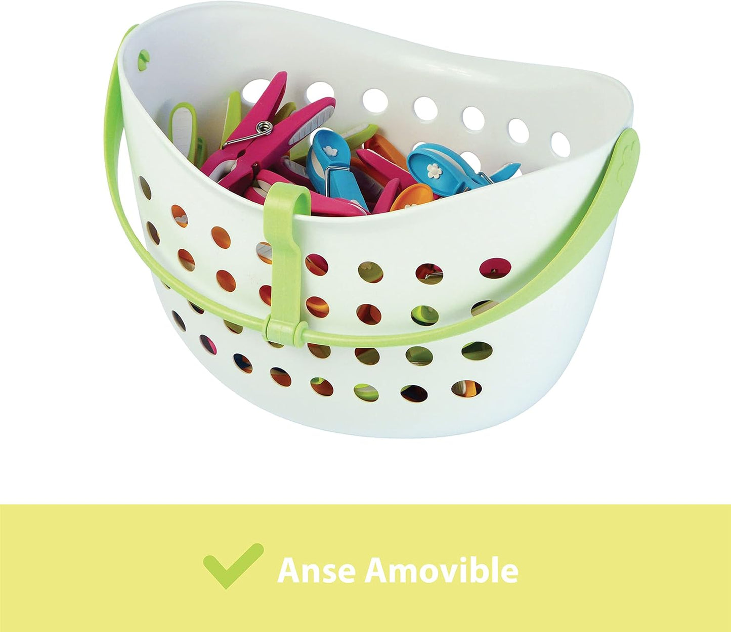 LAGUELLE - Panier Avec 48 Pinces ANTIGLISSANTES - Fabrication Française - Panier Blanc - Pinces Assorties (Vert, Bleu, Orange, Rose)