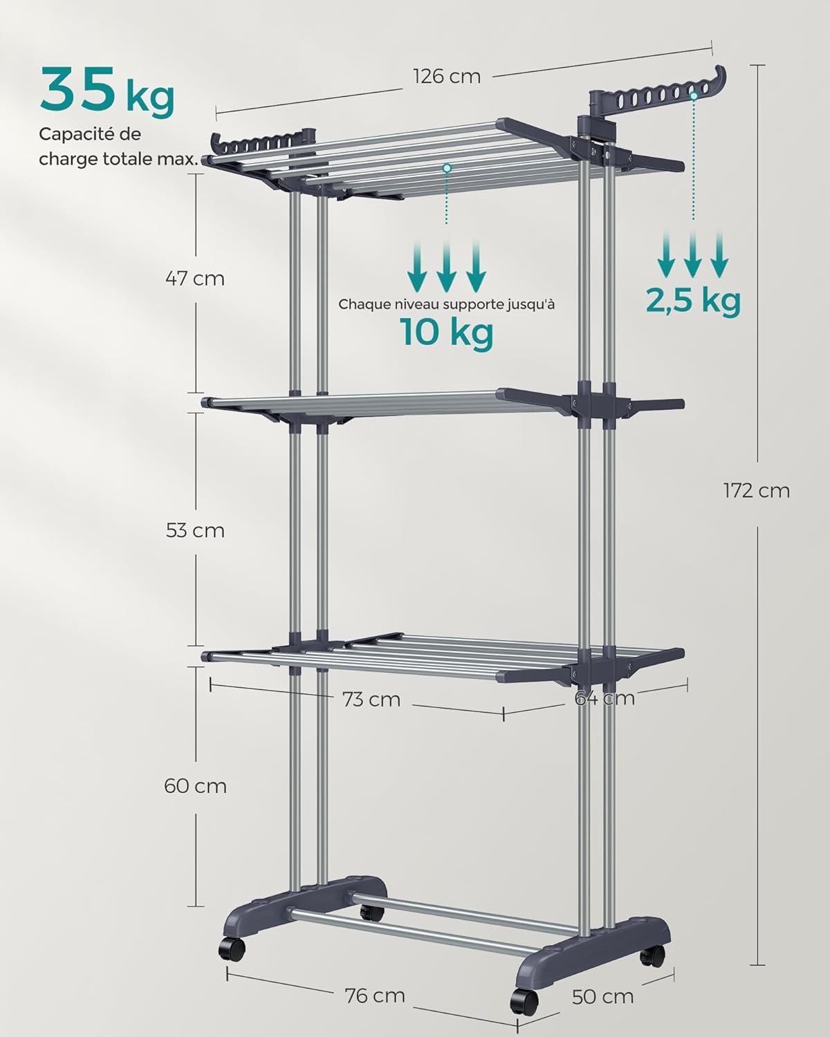 Séchoir À Linge, Etendoir Linge Intérieur Pliable, Avec Roulettes, 4 Niveaux, 64 X 126 X 172 Cm, Buanderie, Utilisation Intérieure Et Extérieure, Gris LLR701G01