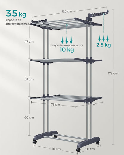 Séchoir À Linge, Etendoir Linge Intérieur Pliable, Avec Roulettes, 4 Niveaux, 64 X 126 X 172 Cm, Buanderie, Utilisation Intérieure Et Extérieure, Gris LLR701G01