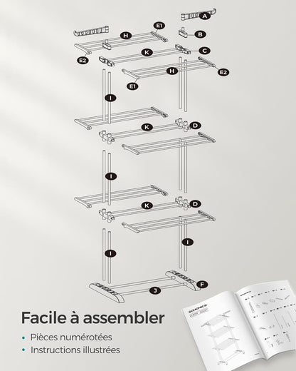 Séchoir À Linge, Etendoir Linge Intérieur Pliable, Avec Roulettes, 4 Niveaux, 64 X 126 X 172 Cm, Buanderie, Utilisation Intérieure Et Extérieure, Gris LLR701G01