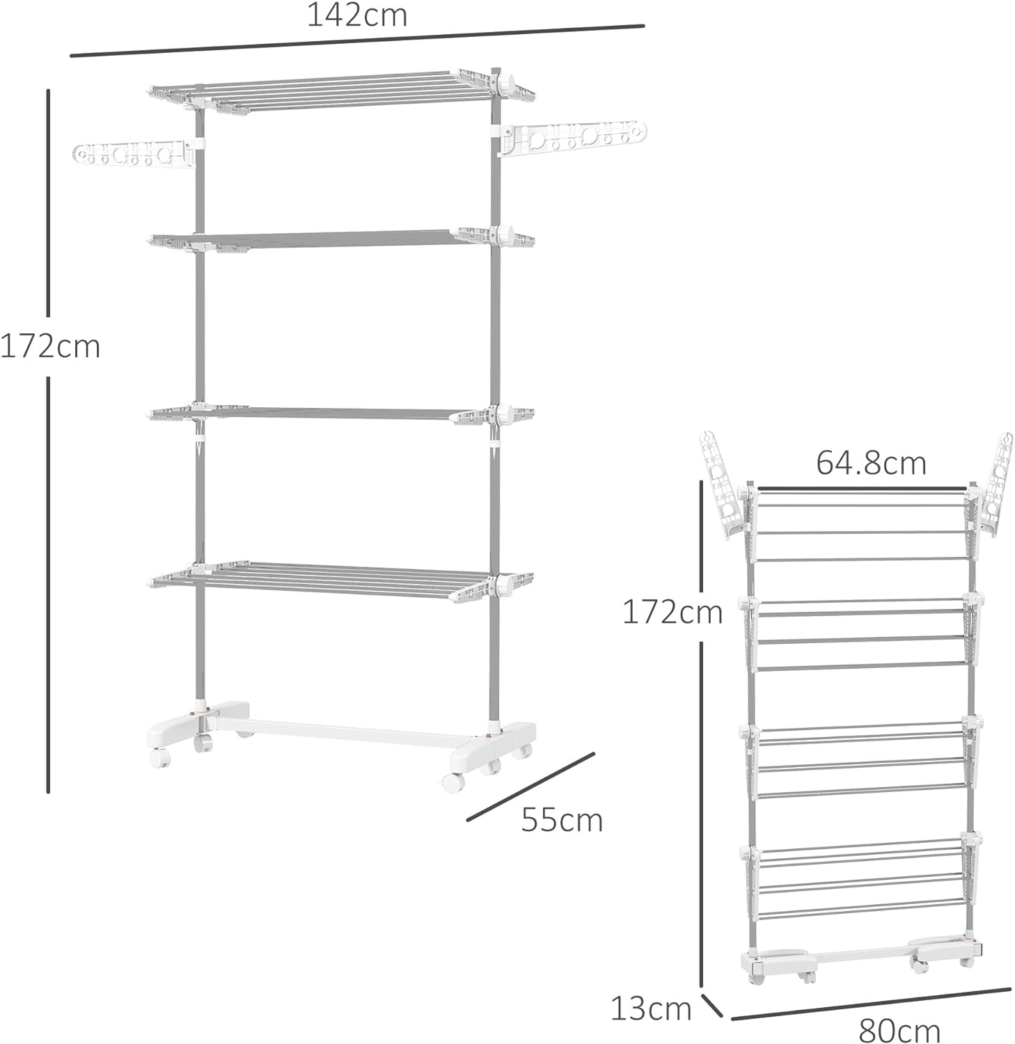 Séchoir À Linge Étendoir Pliable Ailes Latérales Utilisation Intérieure Et Extérieure 142 X 55 X 172 Cm 4 Niveaux