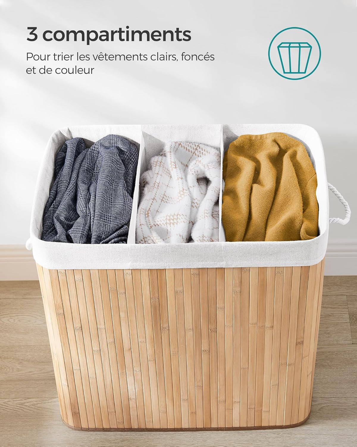 Panier À Linge Sale 3 Compartiments, Corbeille 150L, Bac De Tri, Avec Poignées, Couvercle Avec Scratchs, Pliable, Linge, Ménage, Buanderie, Couleur Boisée LCB091N01